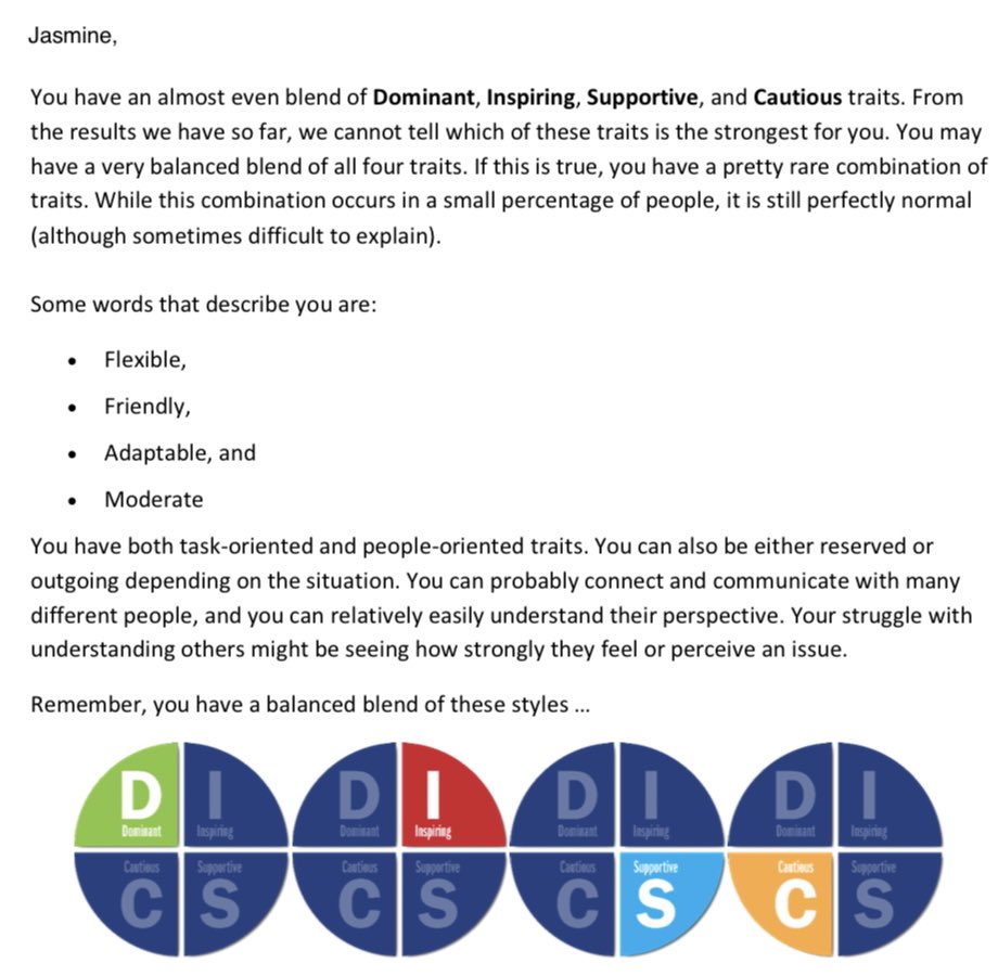 Coach_JHaynes's tweet photo. I just took the Disc Personality Test and discovered I am a unicorn. 🦄 My results were Level. I have an even blend of Dominant, Inspiring, Supportive, as Cautious traits. #TaskOriented #PeopleOriented https://t.co/MooO1b4YFb