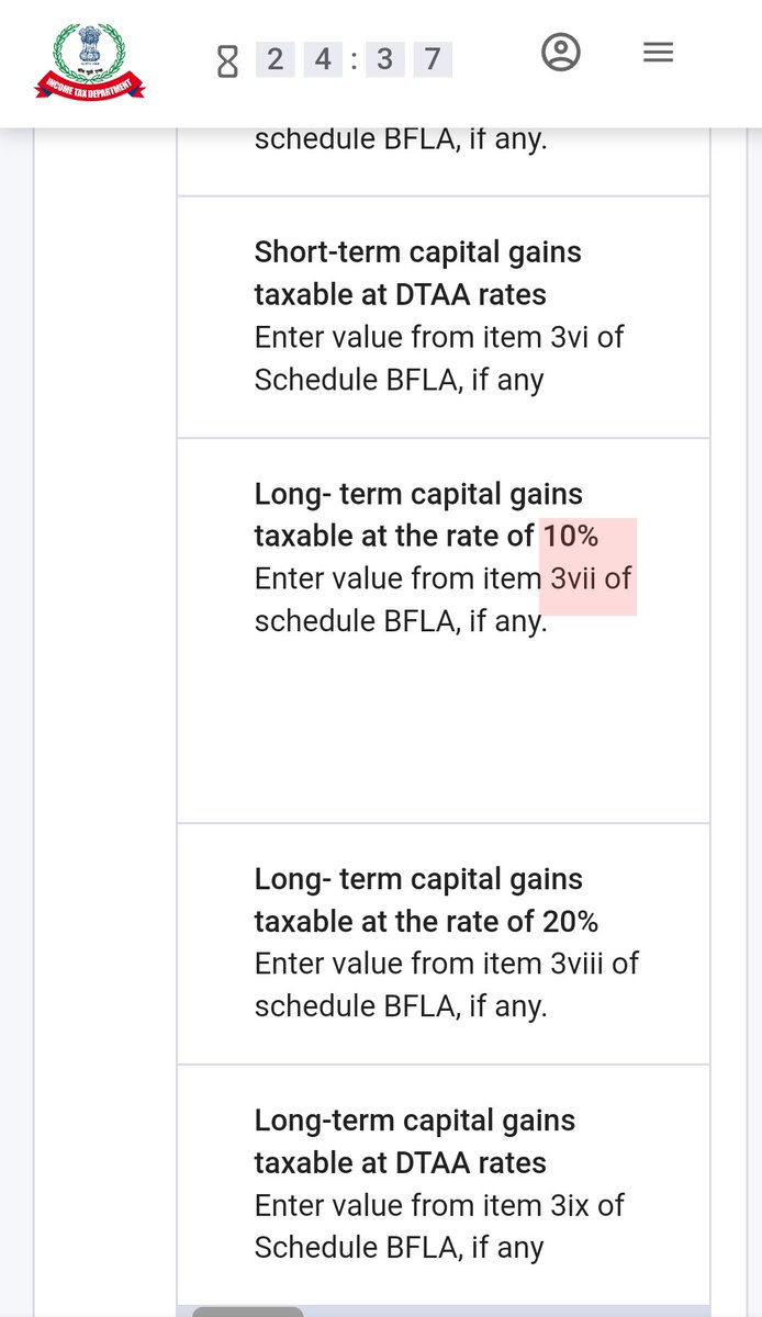 Tush1234567's tweet photo. See highlights. LTCG under 112A taxed at 10% but system is looking at row(vii) where tax rate is 20%. Also data of LTCG is in row (vi) Fix this. Problem solved @IncomeTaxIndia

#Extend_Due_Dates_Immediately https://t.co/IsRyCg4Bts