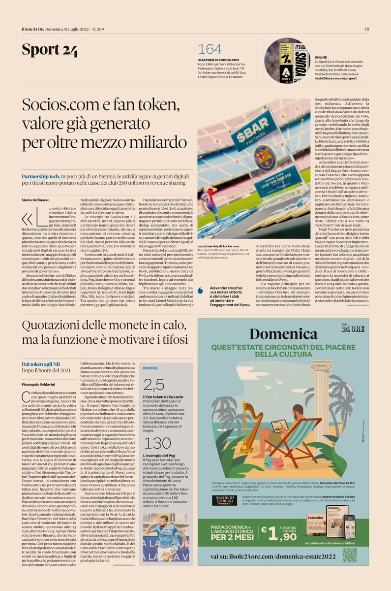 Great coverage by <a href="/sole24ore/">IlSole24ORE</a>. $CHZ @chiliz <a href="/socios/">Socios.com</a>  🇮🇹