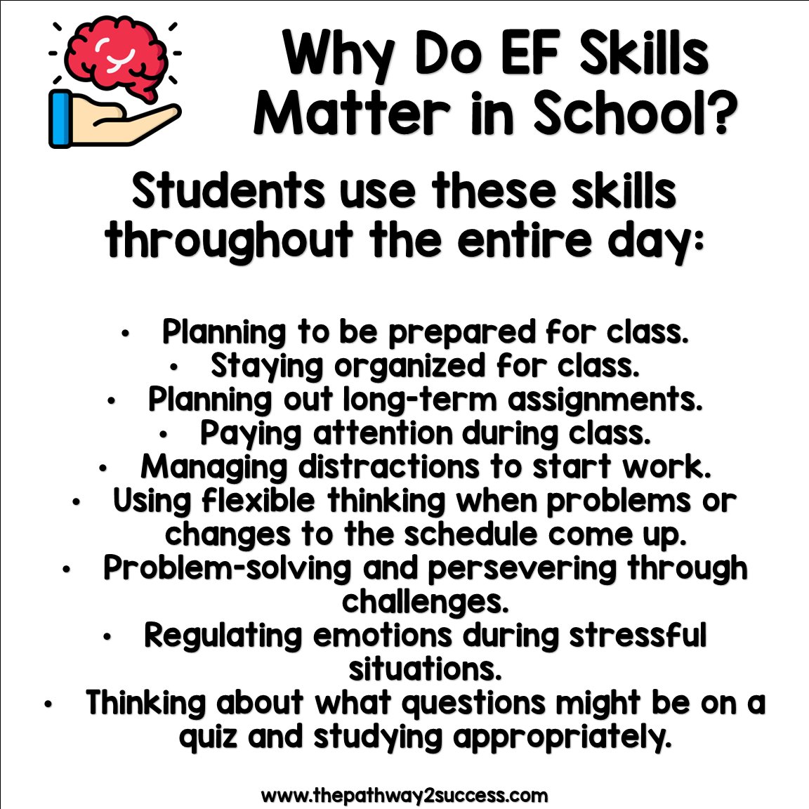 Pathwy2Success's tweet image. Executive functioning skills matter in the classroom. These are skills students use every day. They&apos;re worth learning about and supporting. #executivefunctioning #executivefunctioningskills