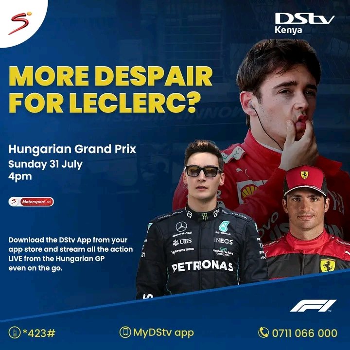 Will more misfortunes follow the Leclerc in Hungary?
Upgrade to DStv Premium &amp; ignite your adrenaline with all 70 laps of the #HungarianGP

4 pm | Ch. 235

Download #MyDStv App or Dial ✳423# to buy, pay, reconnect, or clear error codes. #F1