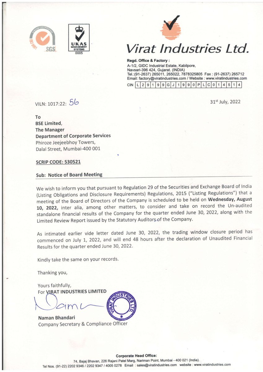 VIRAT INDUSTRIES LTD. - 530521 - Board Meeting Intimation for Notice Of Board Meeting