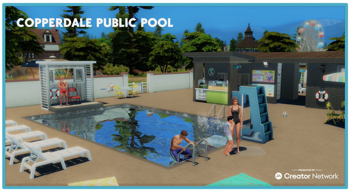COPPERDALE PUBLIC POOL
Popular teen hangout

🕗8am-10pm all days of summer
🏊🏼2 pools
🛟 Lifeguard
⛱️Lounge chairs
🧋 Bubble tea
🍕Snacks
🏓Ping pong
🚻Restrooms and shower facilities

#ShowUsYourBuilds 

ea.com/games/the-sims…