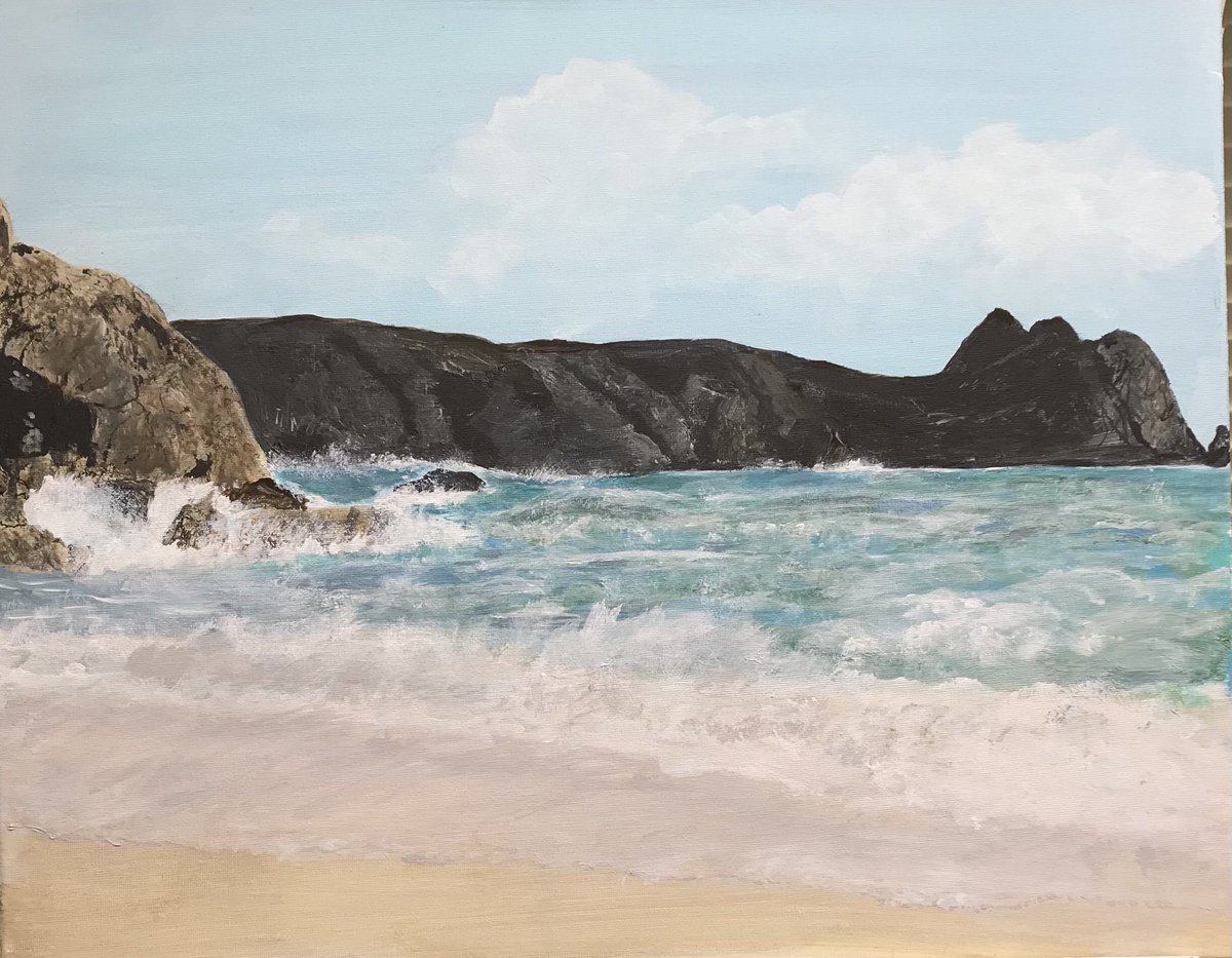 My almost finished painting of my favourite beach Porthcurno