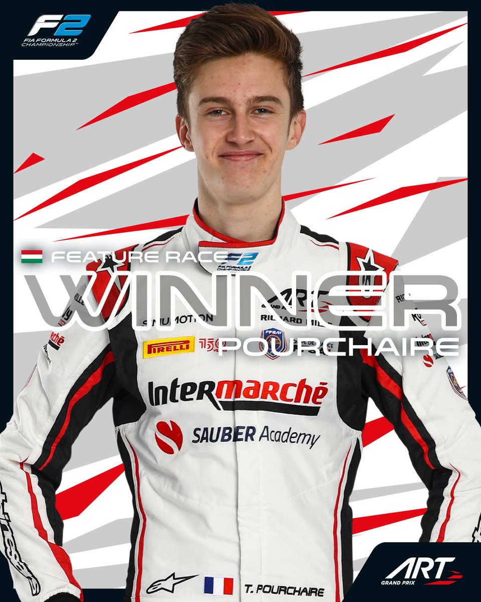 Formula2's tweet photo. THEO POURCHAIRE WINS IN HUNGARY!!!! 💪

The title battle is well and truly on with the Frenchman's incredible race performance! 🏆

It's a magnificent victory for the @ARTGP driver 👊

#HungarianGP #F2 @TPourchaire https://t.co/ZHpNQAxO2f
