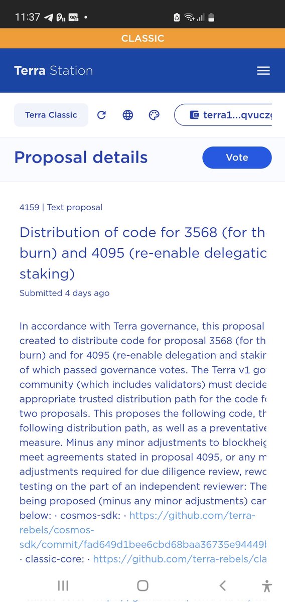 RexYellerBelly's tweet photo. #TerraRebels are delighted to see  @validators making history by voting and enabling governance to thrive supporting #LUNAClassicCommunity. Still time for more votes. 

Quorem, passed with a positive vote  for proposal 4159 making way to distribute code to burn and stake.👊🏻 https://t.co/6wrJo0I8bu