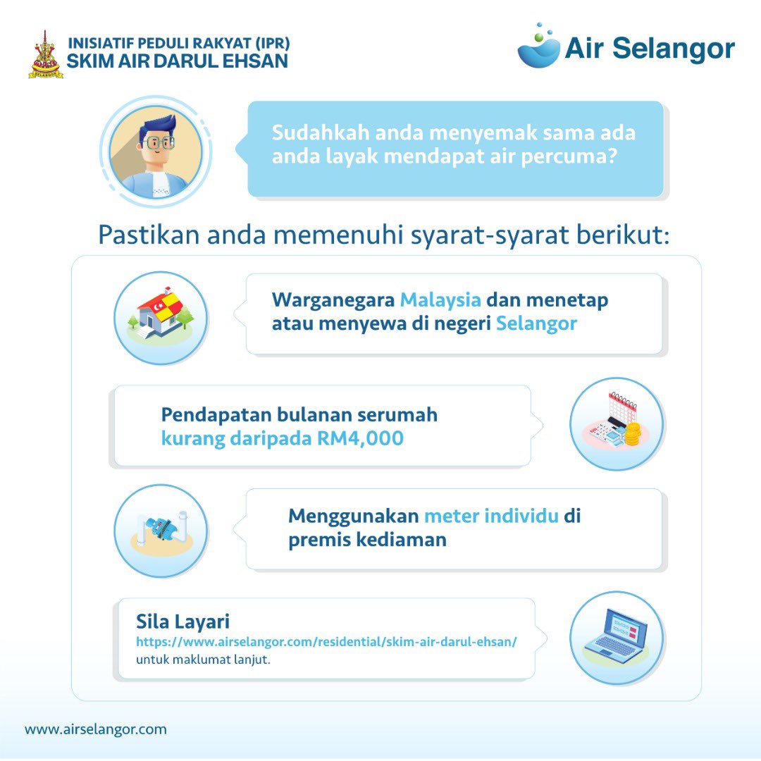 air_selangor's tweet photo. Anda boleh menikmati bekalan air percuma sebanyak 20m³ seperti Hydro sekiranya anda memenuhi terma dan syarat permohonan program Skim Air Darul Ehsan (SADE).

Anda boleh layari https://t.co/hOvuDX5Ybo untuk maklumat lanjut. 

#AirSelangor #SADE https://t.co/Fjt7sxUPGU