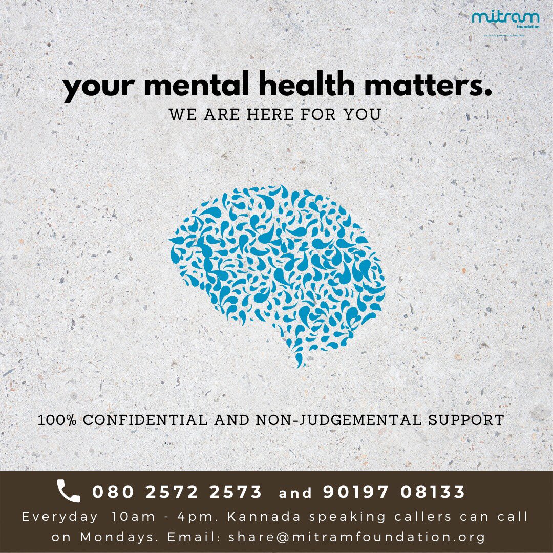 Mitram Foundation (@mitramhelpline) on Twitter photo Mental health is as important as physical health. Call us, if you are struggling emotionally!
Kannada speaking callers can reach out to us on Mondays.
You can email us too at share@mitramfoundation.org
#mentalhealthmatters #suicideprevention #depression #anxiety #cryforhelp Mental health is as important as physical health. Call us, if you are struggling emotionally!
Kannada speaking callers can reach out to us on Mondays.
You can email us too at share@mitramfoundation.org
#mentalhealthmatters #suicideprevention #depression #anxiety #cryforhelp
