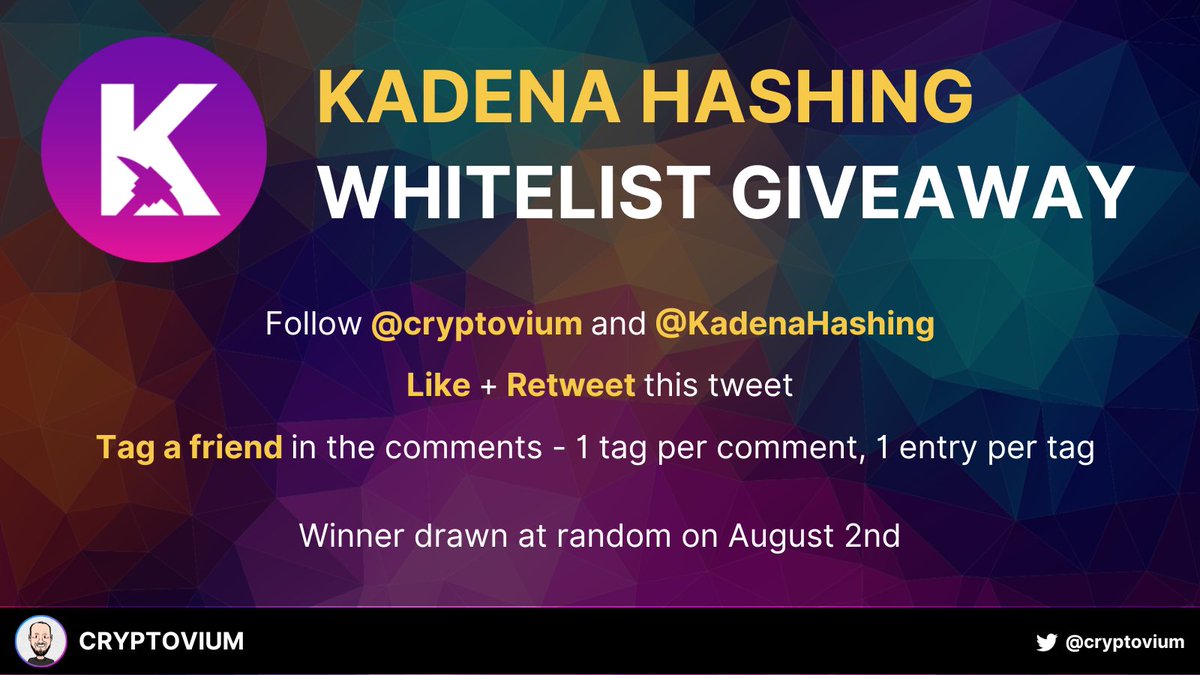 cryptovium's tweet image. Fancy earning $KDA passively?

Well have I got the giveaway for you: 10 WL spots for @KadenaHashing!

To enter:
1️⃣ Like + retweet this tweet
2️⃣ Follow @cryptovium + @KadenaHashing 
3️⃣ 1 additional entry per friend tagged in the comments.
4️⃣ Read this 🧵

Winners drawn on Tuesday.