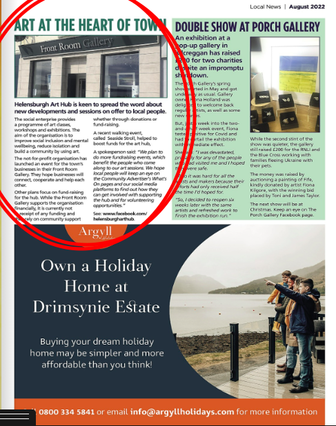 Spreading the words in the Community Advertiser! :)
Are you interested in workshops, artworks, or helping the community by volunteering? Then we found each other! Contact us at helensburgharthubmedia@gmail.com for more details. Have a lovely day!