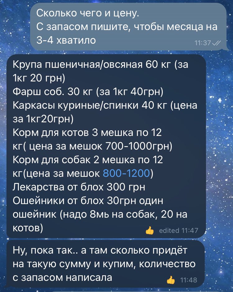 Первый сбор для Бучи. 
Село Николаевка Бучанского района, осталось много животных, чьи хозяева уехали из-за войны, им помогают местные жители. Сбор на необходимое волонтёрам Любе и Лизе на 3-4 месяца – около 10 тысяч гривен (ок. 270 евро) 
PayPal: sidorenkoelizaveta88@gmail.com