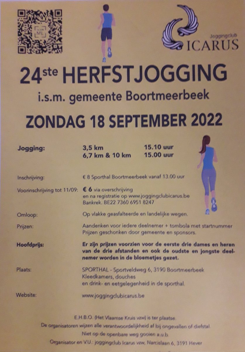 Na een onderbreking van twee jaar op zondag 18 september 2022 eindelijk een nieuwe editie van de Herfstjogging van Boortmeerbeek. Meer informatie en inschrijven kan via volgende link: joggingclubicarus.be/activiteiten_h…