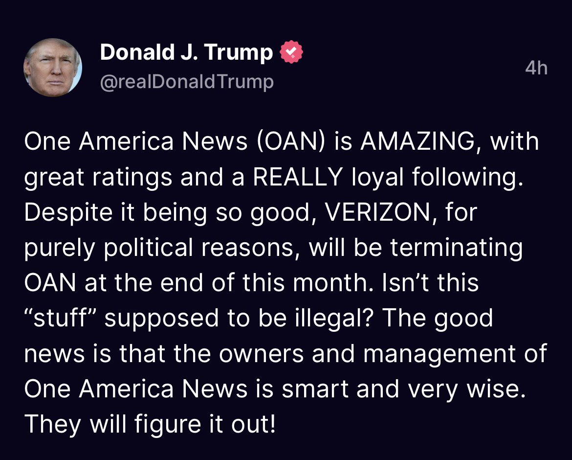 RonFilipkowski's tweet image. In a 3:30 AM post, Trump says it is “illegal” for Verizon to cancel his propaganda network.