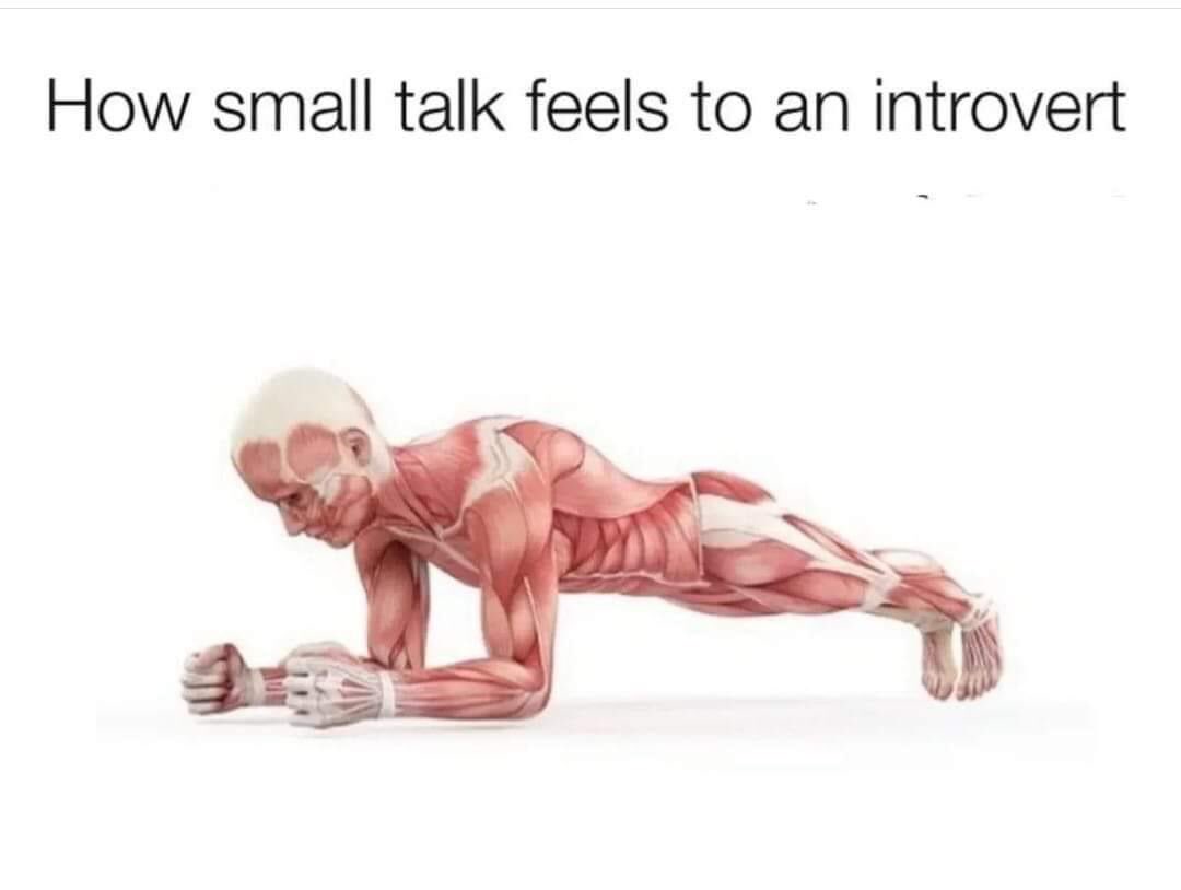 Itse en hallitse small talkia missään muodossa, järkevästä aiheesta taas keskustelen mielelläni. Voisin jopa sanoa, että introvertille small talk tuntuu 10 burbeen tekemiseltä. Lankkukin tuntuu vielä kivalle 😬 #introvertti