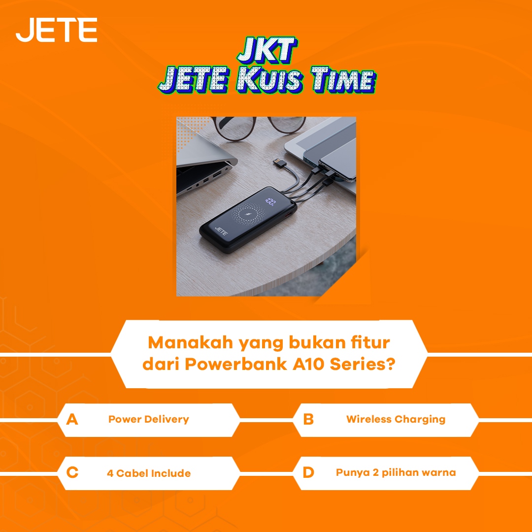jeteindonesia's tweet photo. JKT
🥳JETE KUIS TIME🥳
Hayoo ada yang bisa tebak jawabannya nggak? Komen di bawah yuk!😋
#JETE #JETEINDONESIA #JeteLocalPride #LiburanBarengJete #Powerbank #PowerbankWireless #WirelessCharging https://t.co/tYAu5bdaY0