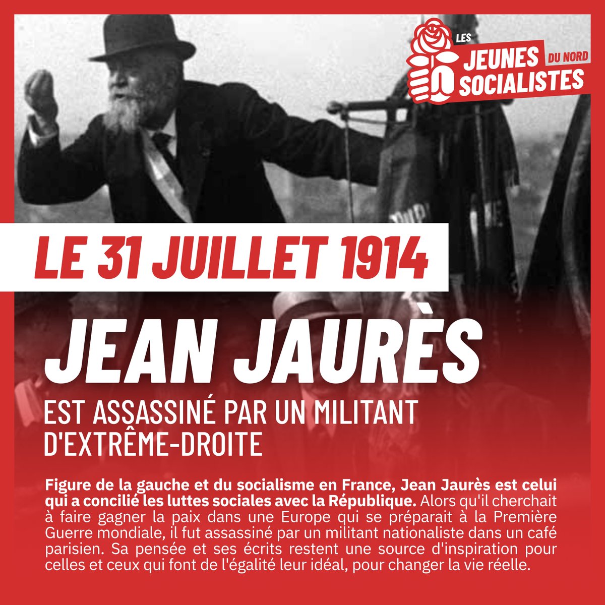 🔴 En ce 31 juillet, nous nous souvenons que c'est l'extrême-droite qui assassinat l'un des plus grands défenseurs des travailleurs et de la paix. 

Nous continuerons à lutter pour atteindre l'idéal d'égalité et de justice que portait #JeanJaurès.🌹