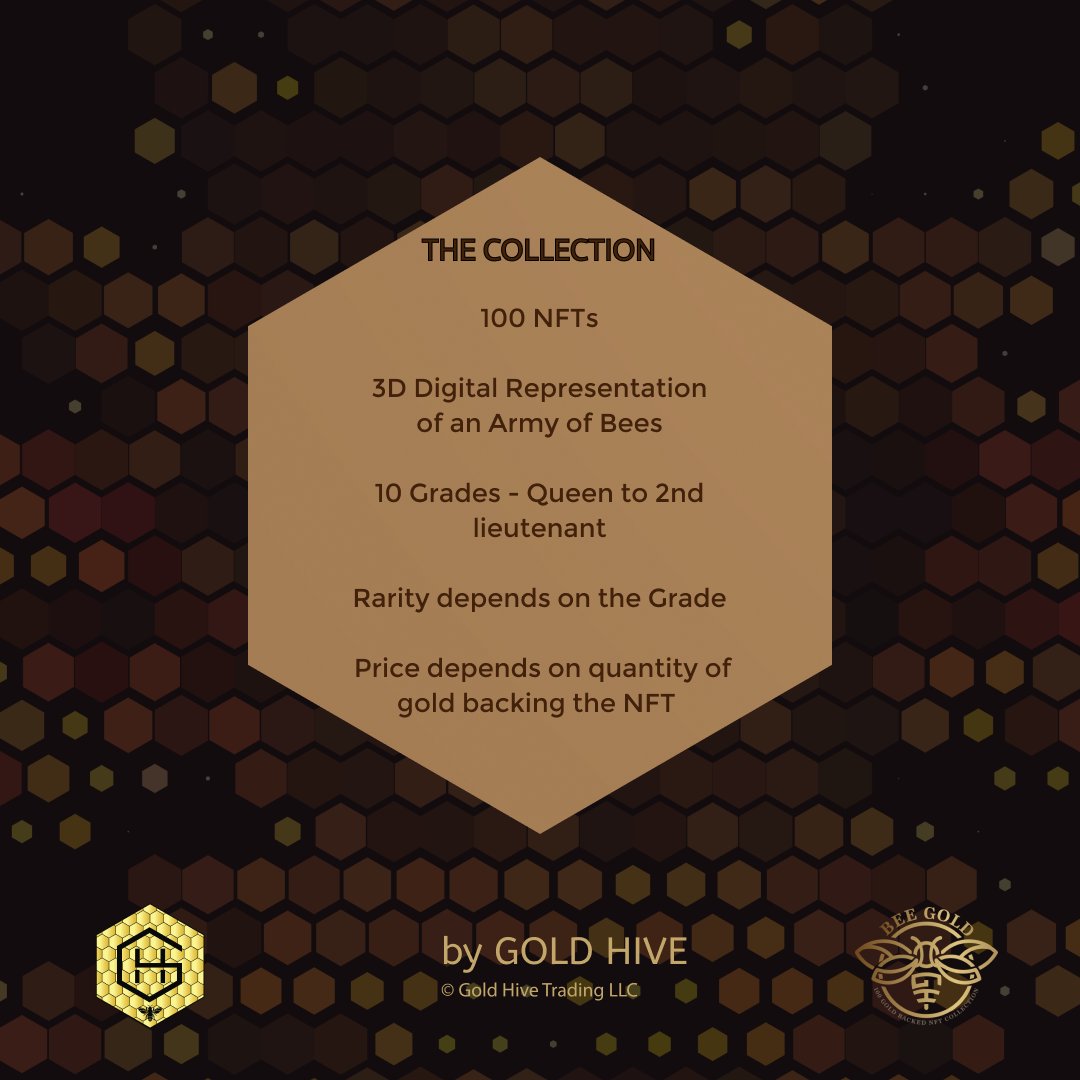 BeeGoldNFT's tweet photo. Bee Gold is a limited collection of 100 unique 3D Digital Artwork representing an Army of 10 grades from Queen to 2nd Lieutenant.
Each grade has a different armor base design and value based on its rarity and quantity of gold backing it. https://t.co/SuMkJ259Dg