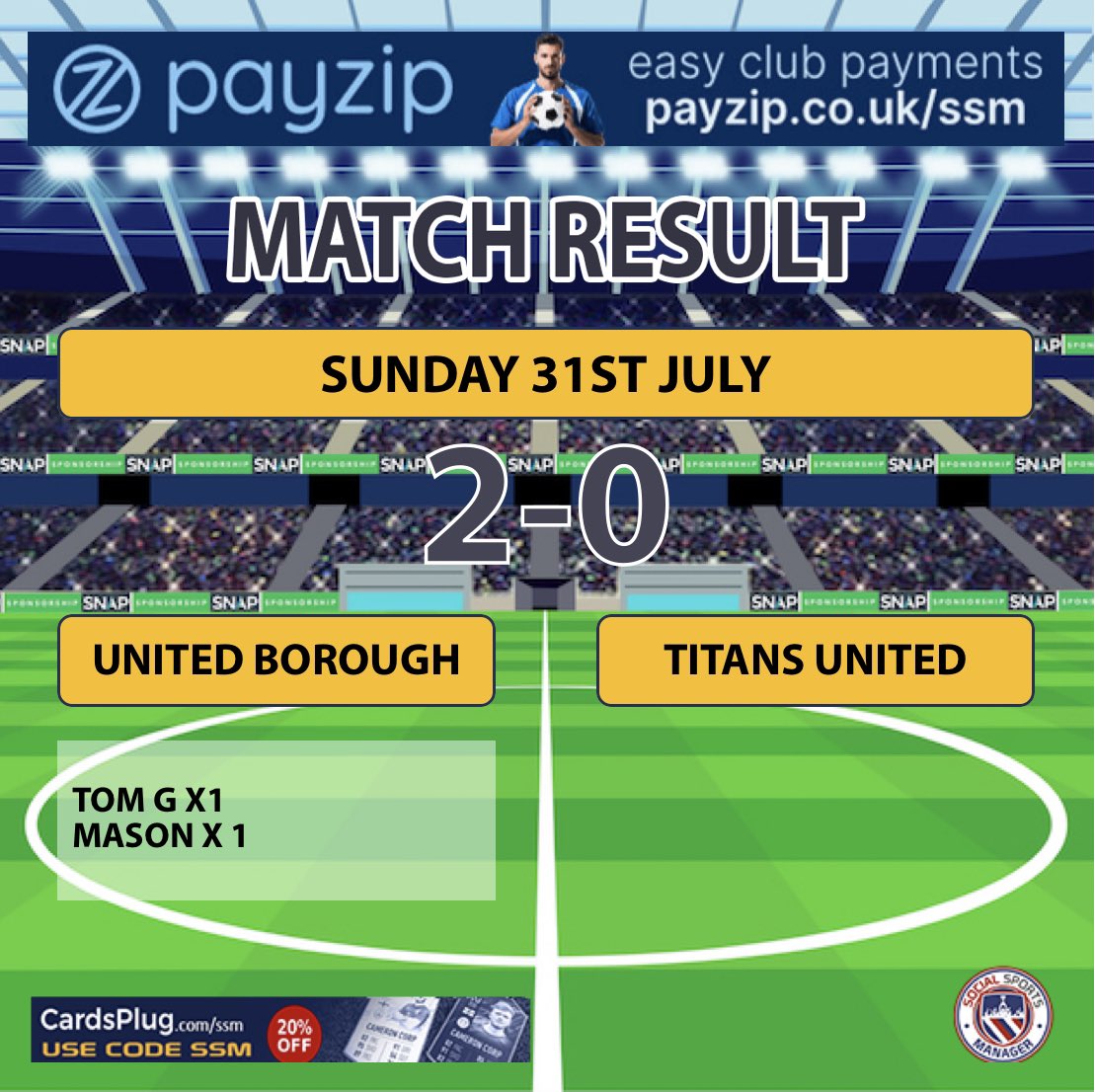 Great 2-0 win against a decent <a href="/TitansUnitedFC1/">Titans United FC</a>. First clean sheet for a while. Good luck with the season.