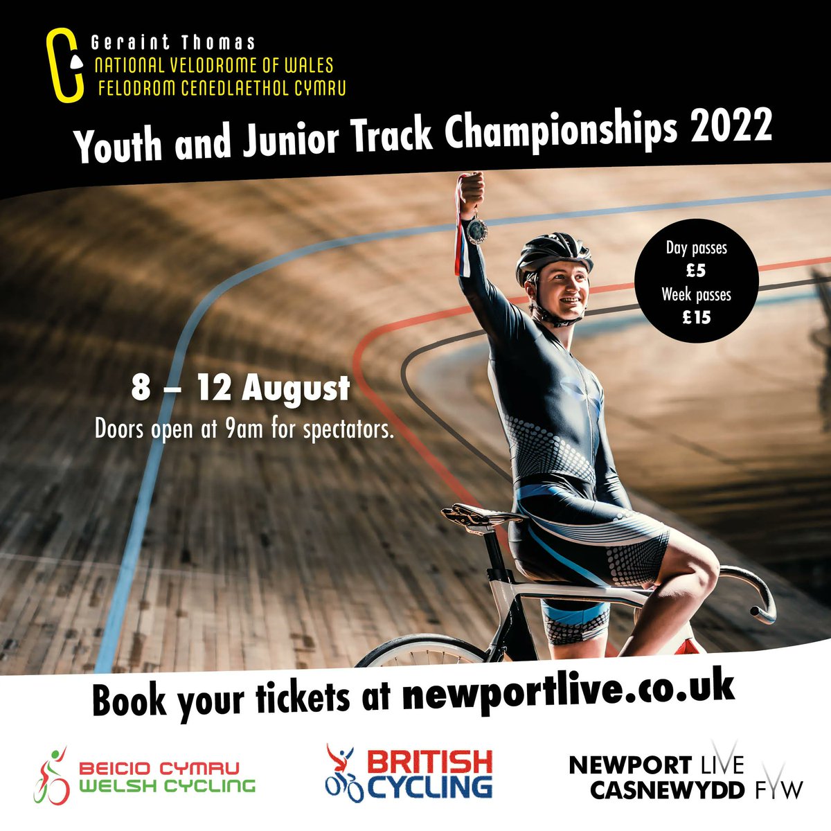 📣 Tickets are now on sale for the 2022 National Youth and Junior Track Championships!

📅 8 - 12 August 
📍 <a href="/WalesVelodrome/">Geraint Thomas National Velodrome of Wales</a> 
💷 Day passes £5 I Week passes £15
𝗕𝘂𝘆 𝗧𝗶𝗰𝗸𝗲𝘁𝘀 ➡️ buff.ly/3zFQJVN

@WelshCycling  <a href="/BritishCycling/">British Cycling</a>