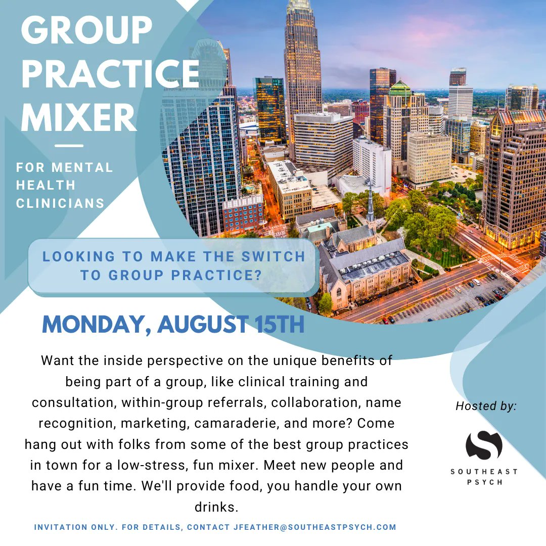 Join us on MONDAY, AUGUST 15th for a group practice mixer for a mental health clinicians! . Invitation ONLY - contact jfeather@southeastpsych.com for more information! #charlotte #charlottecounselors #therapy #therapists #mentalhealth #mentalhealthproviders