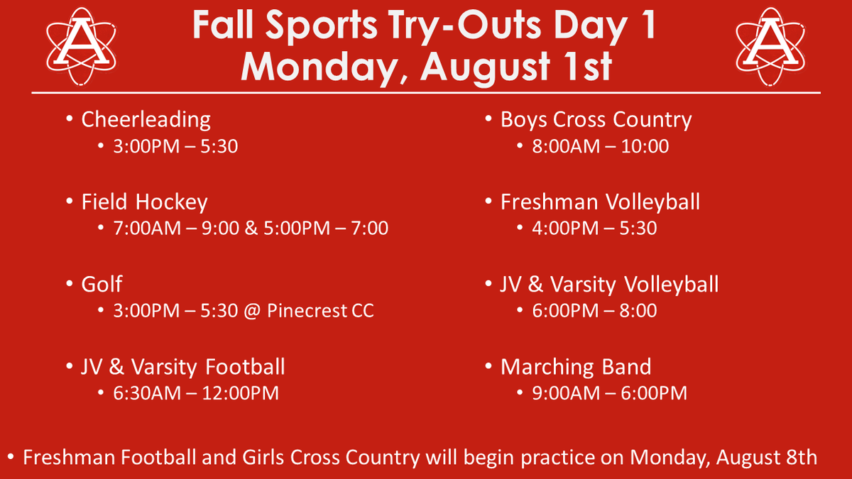 AtomsAthletics's tweet photo. One more day #AtomNation! Fall try-outs kick off tomorrow! Be sure to have your physicals and registration completed and STAY HYDRATED🥤🥤!
@AnnandaleAtoms @AtomNation @ATOMSCHEER @atomsfootball @atomsfhockey @AnnHSVolleyball @AHSatomsBand @AtomsGolf @AtomsTrack_XC @AtomsBoosters https://t.co/eEniysBsvd