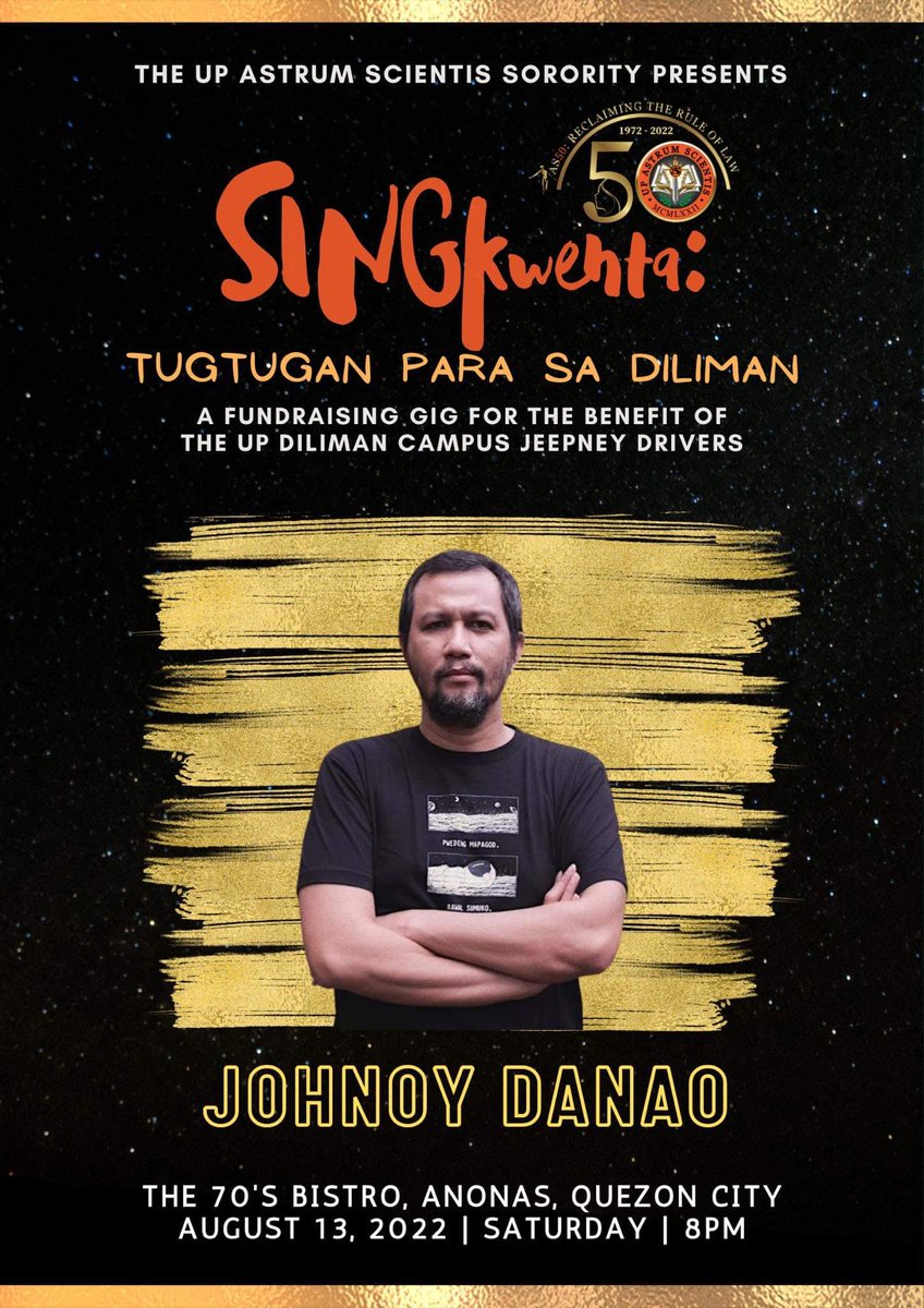 arahbellagrace's tweet photo. Also joining the SINGkwenta artist roster is musician, composer, singer and songwriter Johnoy Danao. Catch his live performance at the 70's Bistro on Aug 13. See you there! 

#UPASTRUMSCIENTISAT50 
#AS50 https://t.co/Heuz9WHjnN