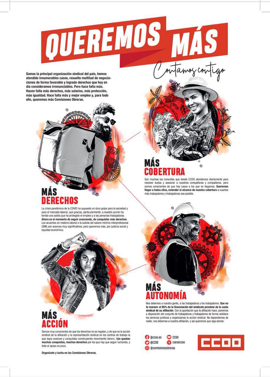CCOO's tweet photo. La crisis sanitaria del Covid ha golpeado de forma intensa a sociedad y mercado laboral, pero, gracias especialmente a la acción del sindicato, se ha protegido el empleo y a las personas trabajadoras 
 
https://t.co/nuOwlnFPLF 
 
#QueremosMás derechos, más conquistas, más CCOO https://t.co/LkDd5Jj8KC