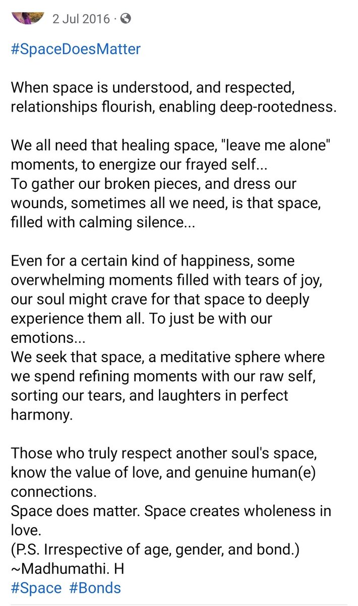 Madhumathi_Inks's tweet photo. We all need that healing space, 'leave me alone' moments.
To gather our broken pieces, dress our wounds, sometimes all we need, is that space filled with calming silence.
Even for a certain kind of happiness...
#Space
#Bonds #Silence #RespectSpace #Healing #Bonds #relationships https://t.co/rgiSzuhAdN