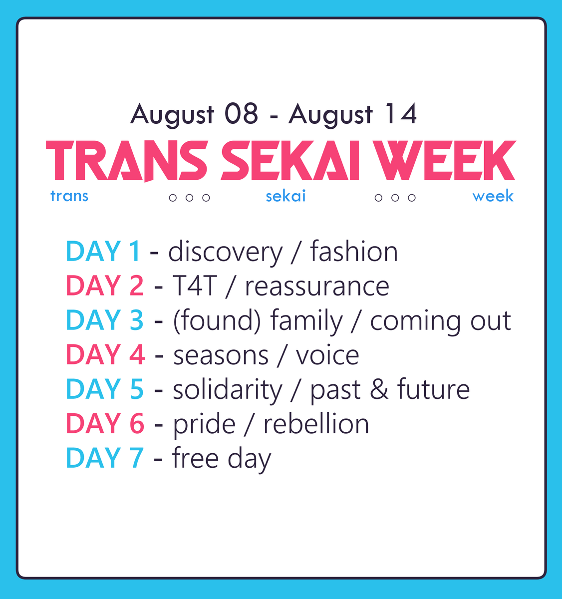 transprsk's tweet photo. 🏳️‍⚧️The prompts for #TransSekaiWeek - which will be from August 8th to August 14th - are here! Thank you all for your suggestions, and we hope to see you and your works soon! 💘 #プロセカ https://t.co/NcJtFwcJXe