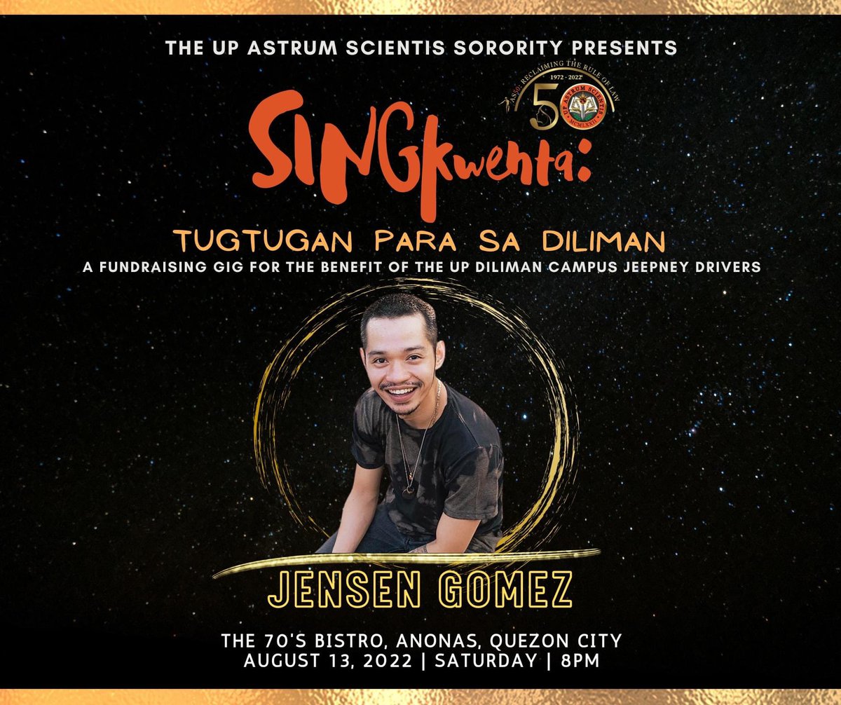 arahbellagrace's tweet image. Singer-songwriter Jensen Gomez will also grace the 70's Bistro stage with his heartwarming performances on Aug 13 for SINGkwenta: Tugtugan Para sa Diliman. 

See you there! 
#UPASTRUMSCIENTISAT50
#AS50