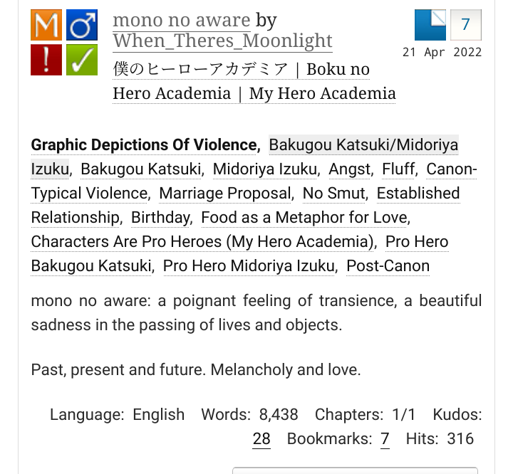 Linya_333's tweet photo. Fic rec!

Mono no aware but when_theres_moonlight

Honestly just super well written future fic with excellent details. And a happy ending. https://t.co/W79NLj4z7K