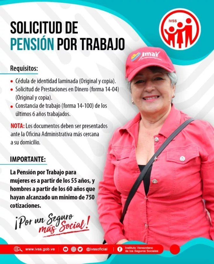 #TomaDato | Si ya cumpliste la edad y tienes las semanas cotizadas, puedes acudir a cualquiera de las Oficinas Administrativas del IVSS del país a introducir tus recaudos y de esa forma beneficiarte de tu Pensión de Trabajo.

<a href="/MagaGutierrezV/">Magaly Gutiérrez Viña</a>