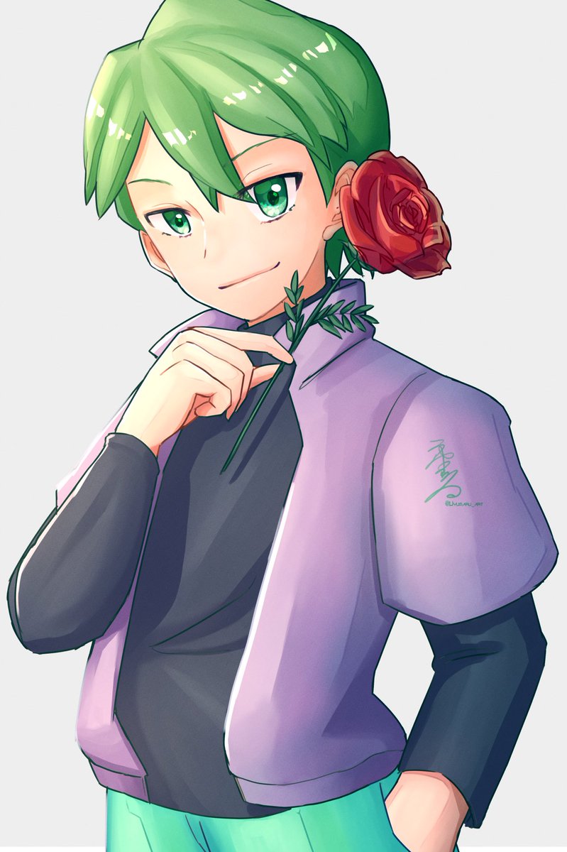 1boy male focus solo holding green eyes flower green hair  illustration images