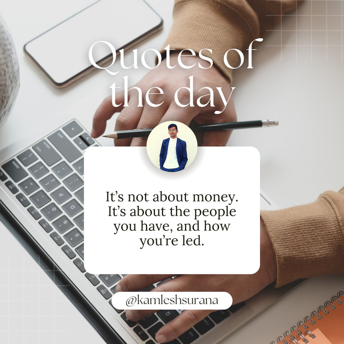 KamleshSurana9's tweet photo. It's not about money.

It's about the people you have, and how you're led.

#people #money #kamlesh #kamleshsurana #sphurti #sphurtiweb #sphurtiwebapp #sphurtisolutions #sw https://t.co/CpB4AAu2JI