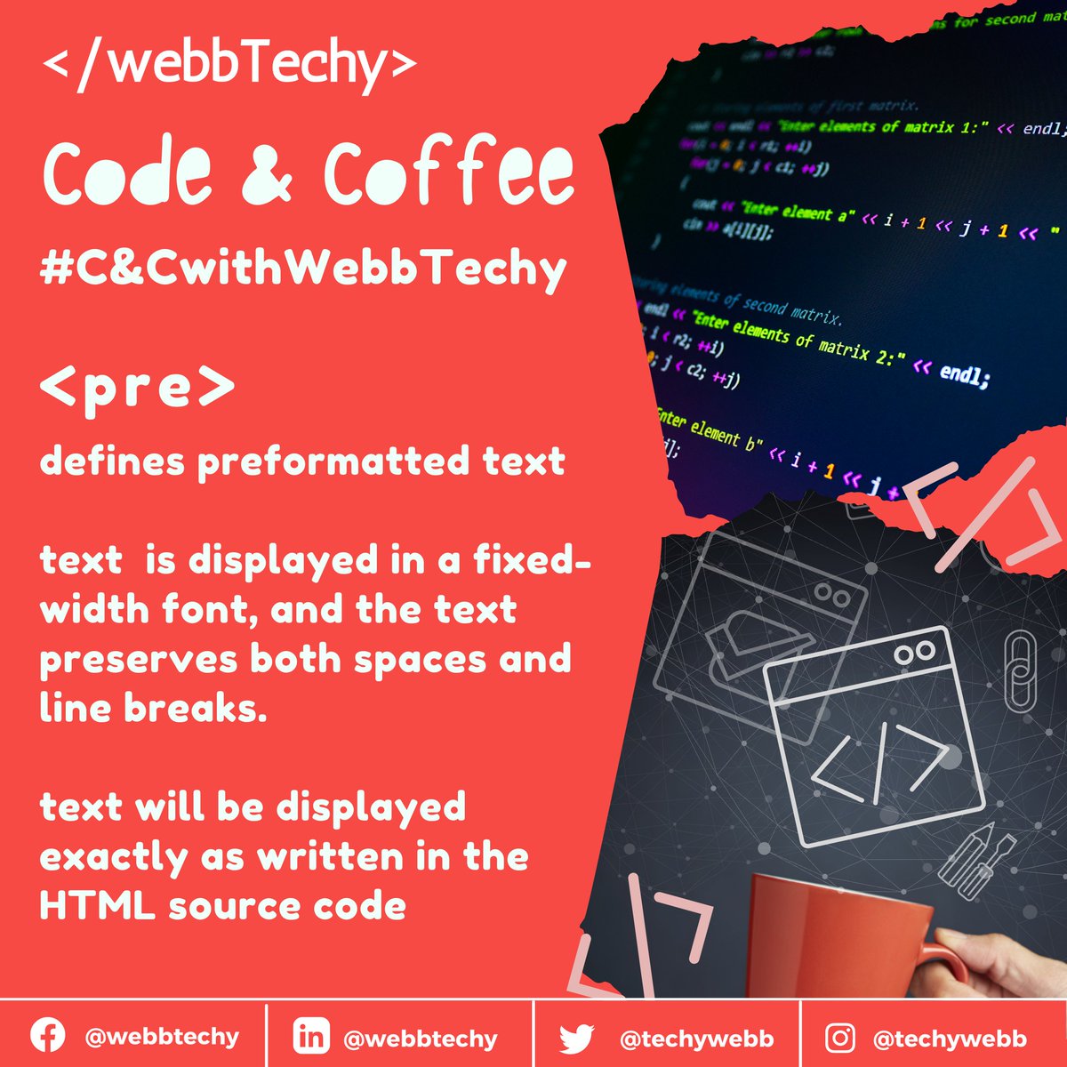 TechyWebb's tweet photo. <pre>

Visit: https://t.co/JqQL4GT93U

#webbtechy #webdesign #WebsiteDevelopment #developers #WorkFromHome #WebbTechyWebsite #DevOps #html #HTML5 #PHP #MySQL #bootstrap4 #ajax #bot #calltoaction #Python #reactjs #JSON #entrepreneur #technology #graphicsdesign #C&amp;CwithWebbTechy https://t.co/cBESiSmCOg