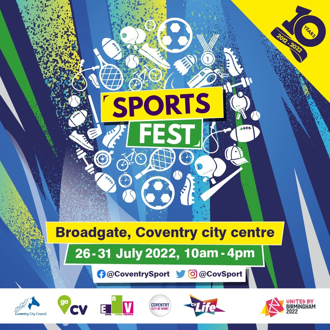 CovSport's tweet photo. Don’t forget, #SportsFest22 starts in two days! 

You can enjoy FREE sports and activities from 26-31 July. 

Plus, check out our lovely stall holders including @Wellbeing4_life, @gocvcard and @GoodGymCoventry. https://t.co/JoqnnjtWDD