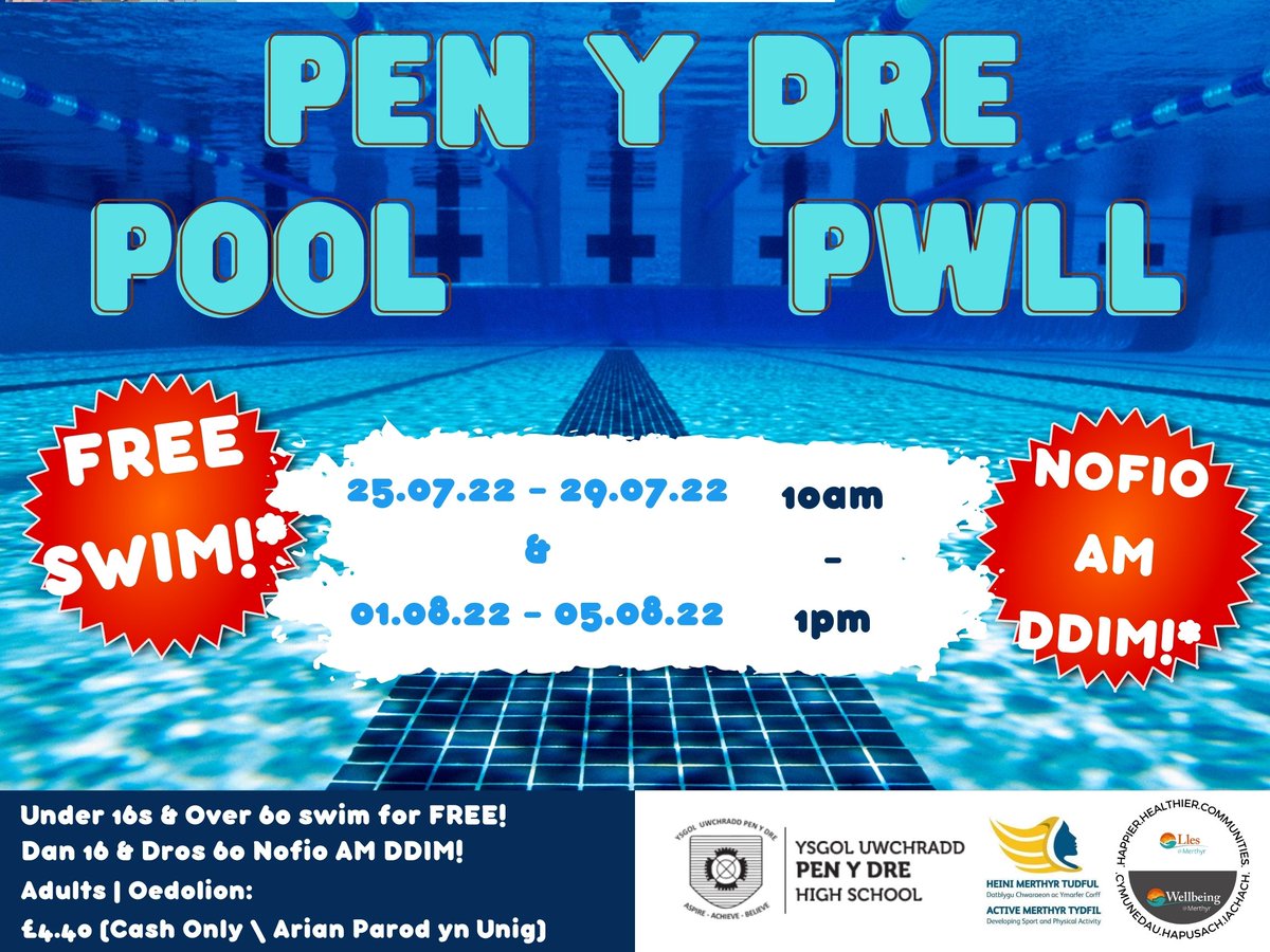 WellbeinMerthyr's tweet photo. Starting tomorrow! In parnership with @ActiveMerthyr 7 Pen y Dre high School! 

Yn ddechrau yfory! Mewn partneriaeth â Heini Merthyr ac Ysgol Uwchradd Pen Y Dre!

#wellbeingmerthyr #activemerthyr #swim #summerholidays #freeswim https://t.co/jYYi0nRxe0