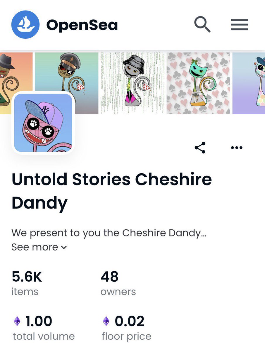 🔥Untold Stories Cheshire Dandy🔥 We have got 1ETH total volume 🙌🏻 <a href="/Karate_Stickman/">Karate_Stickman</a> <a href="/opensea/">OpenSea</a> opensea.io/collection/unt… #NFTs #NFTCommunity #NFTartist #FolloMe #Ethereum
