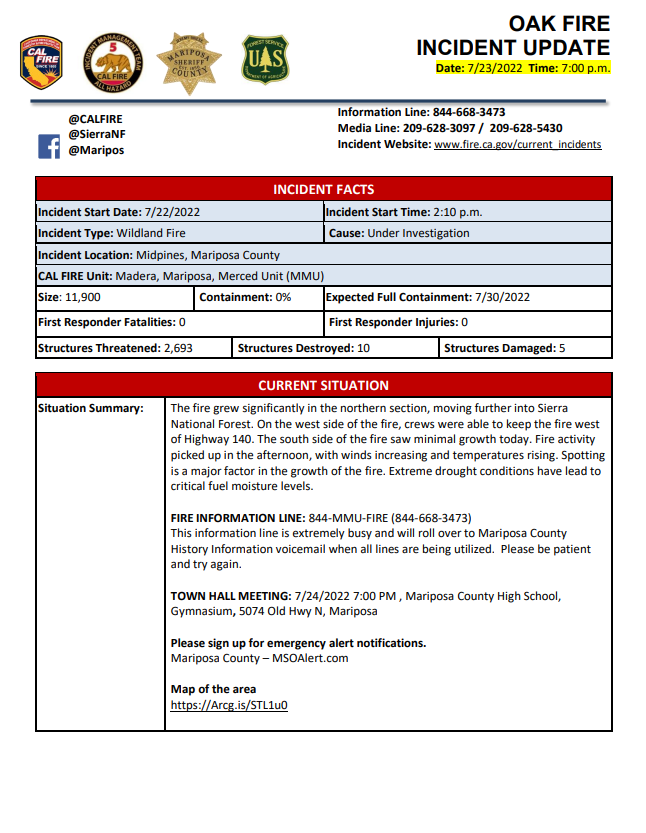 CLopezABC30's tweet photo. .@CAL_FIRE will hold a town hall meeting to discuss the fast-spreading #OakFire on Sunday, July 24 at 7 P.M. at the Mariposa County High School Gymnasium
5074 Old Highway N, Mariposa. https://t.co/yNb2KRS8G7