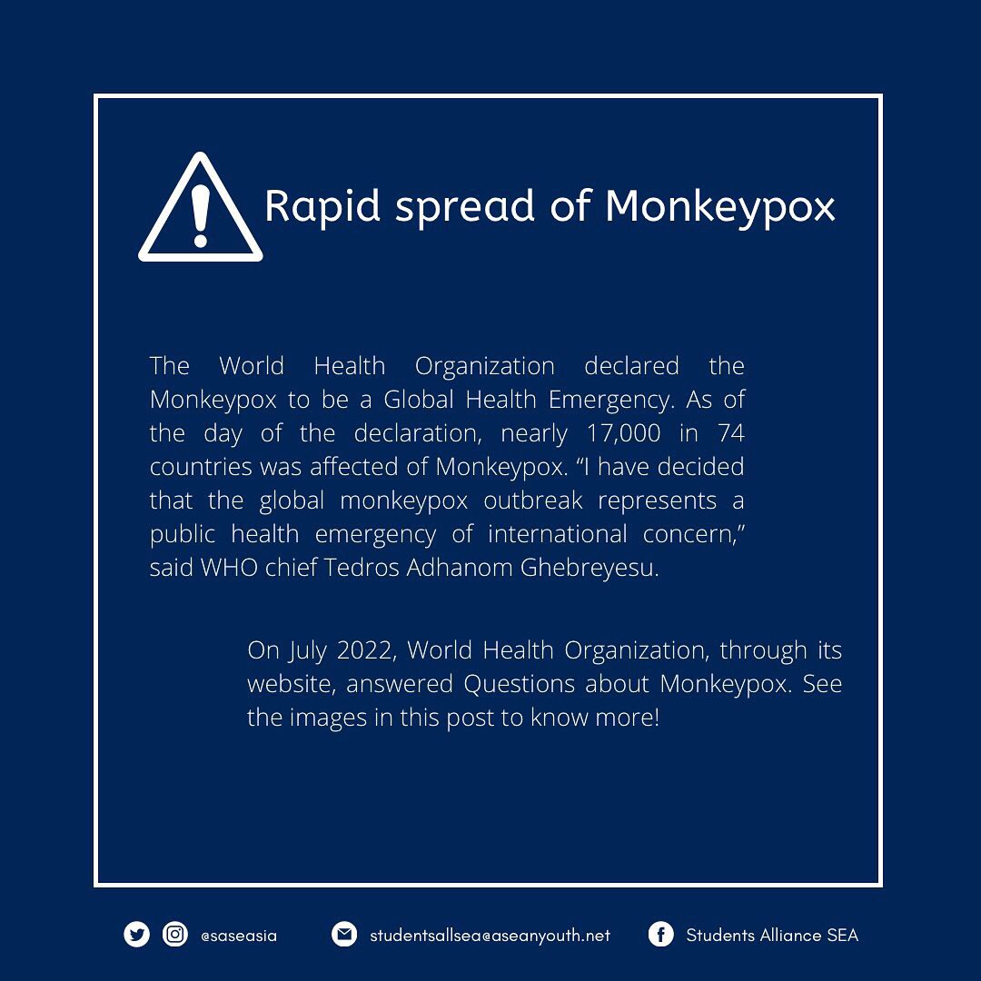saseasia's tweet photo. “I have decided that the global monkeypox outbreak represents a public health emergency of international concern” - World Health Organization chief Tedros Adhanom Ghebreyesu
Visit @WHO to know more!
Keep safe and always be ready!
#sasea #monkeypox #WHO https://t.co/TaJI270SXt