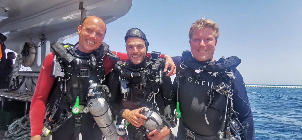 Chris_Drerup's tweet photo. Done! @DrMartinJohnHow, @MatteoSanton and I are now officially TDI MOD1 CCR divers @TDIdivers @rEvoRebreathers and ready for any upcoming #fieldwork trips. Big thanks to @TekdeepEgypt, the @DivewithLegends boat crew, and especially our two instructors Sameh and Alex. https://t.co/p6HpKv8Qzj