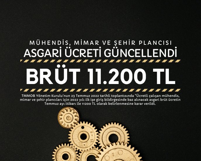 TMMOB Yönetim Kurulu tarafından alınan karar uyarınca ücretli çalışan Mühendis, Mimar ve Şehir Plancıları Asgari Ücreti 2022 yılı Temmuz ayı itibarı ile brüt 11.200 TL olarak güncellendi.