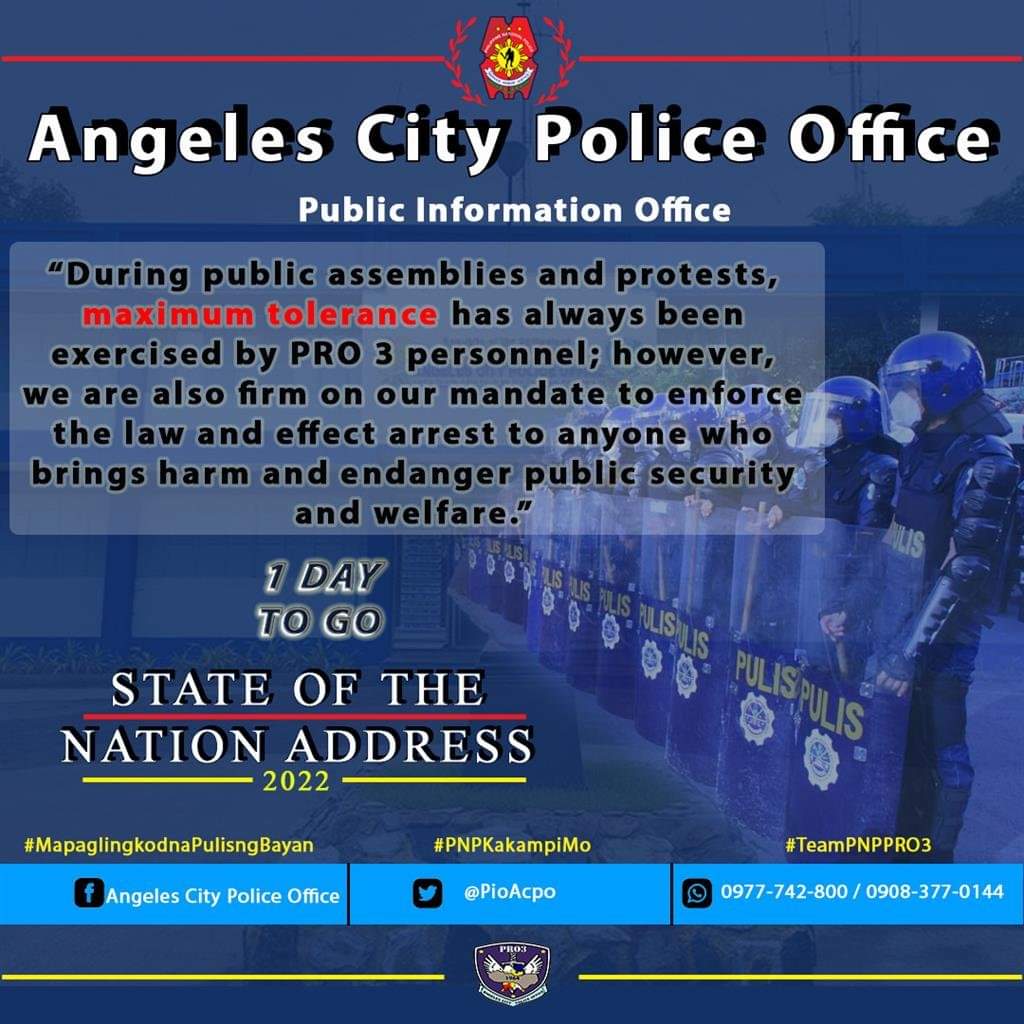 PioAcpo's tweet photo. During public assemblies and protests, maximum tolerance has always been exercised by PRO3 personnel; however, we are also firm on our mandate to enforce the law and effect arrest to anyone who brings harm and endanger public security and welfare.
#TeamPNP
#TeamPNPPRO3 https://t.co/UTeF7yw556