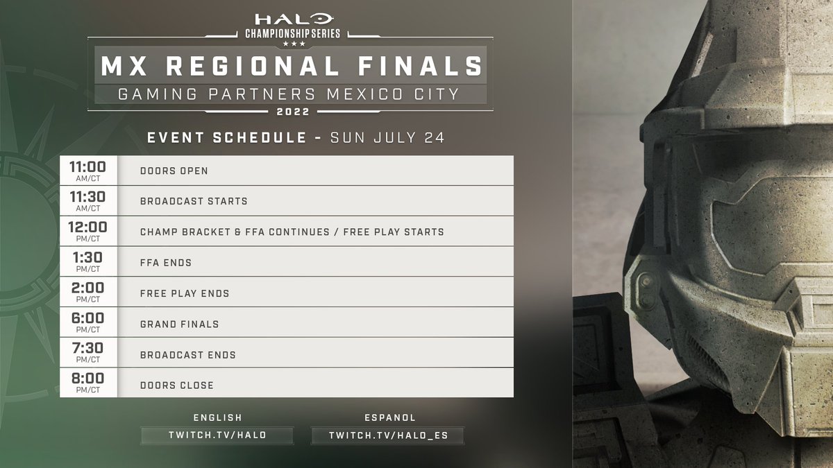 HCS's tweet image. The final day of #HCSMexicoCity22 is upon us. Doors open at 11am CT, followed by the Championship Sunday action at 12pm CT!

🇺🇸 Twitch.tv/Halo
🇲🇽 Twitch.tv/Halo_es
🔴 aka.ms/HCS-YouTube