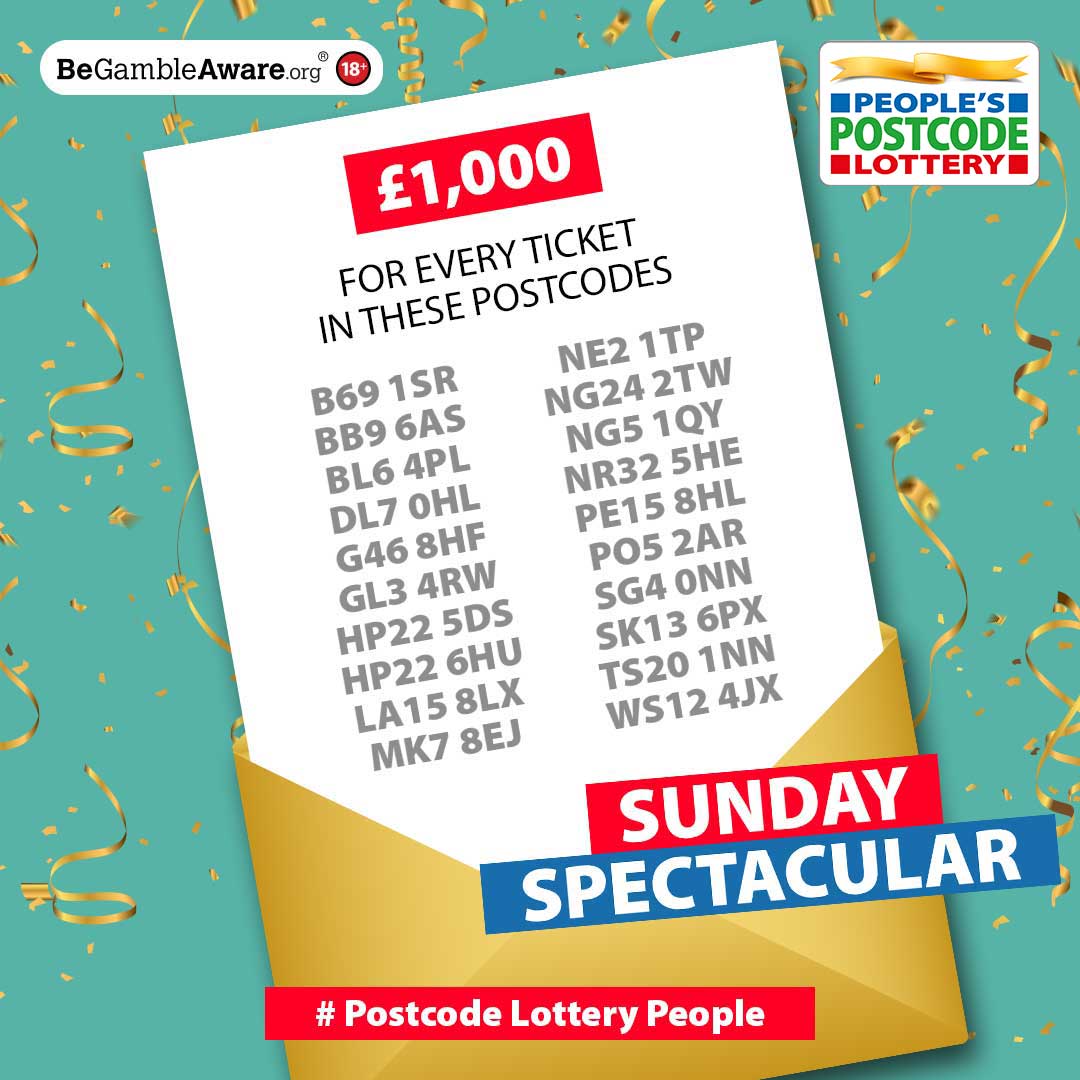 PostcodeLottery's tweet photo. Taking it easy 😴 on Sunday is all very well, #PostcodeLotteryPeople. 

But wouldn’t you rather be celebrating a #SundaySpectacular win with £1000 💷 coming your way courtesy of our #DailyPrize? 

Check the postcodes below👇 and inject some excitement 🤩 into your Sunday! https://t.co/VEKbtGQmcc