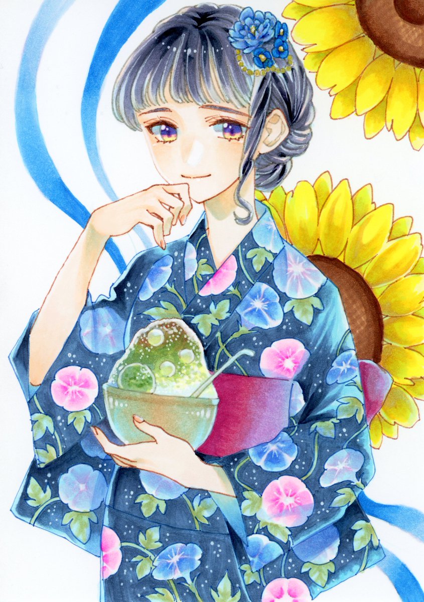 「暑中お見舞い申し上げます かき氷シリーズ第一弾 抹茶あずき 涼しげな朝顔の浴衣の」|杏@7/12 OC立ち絵🐈‍⬛のイラスト