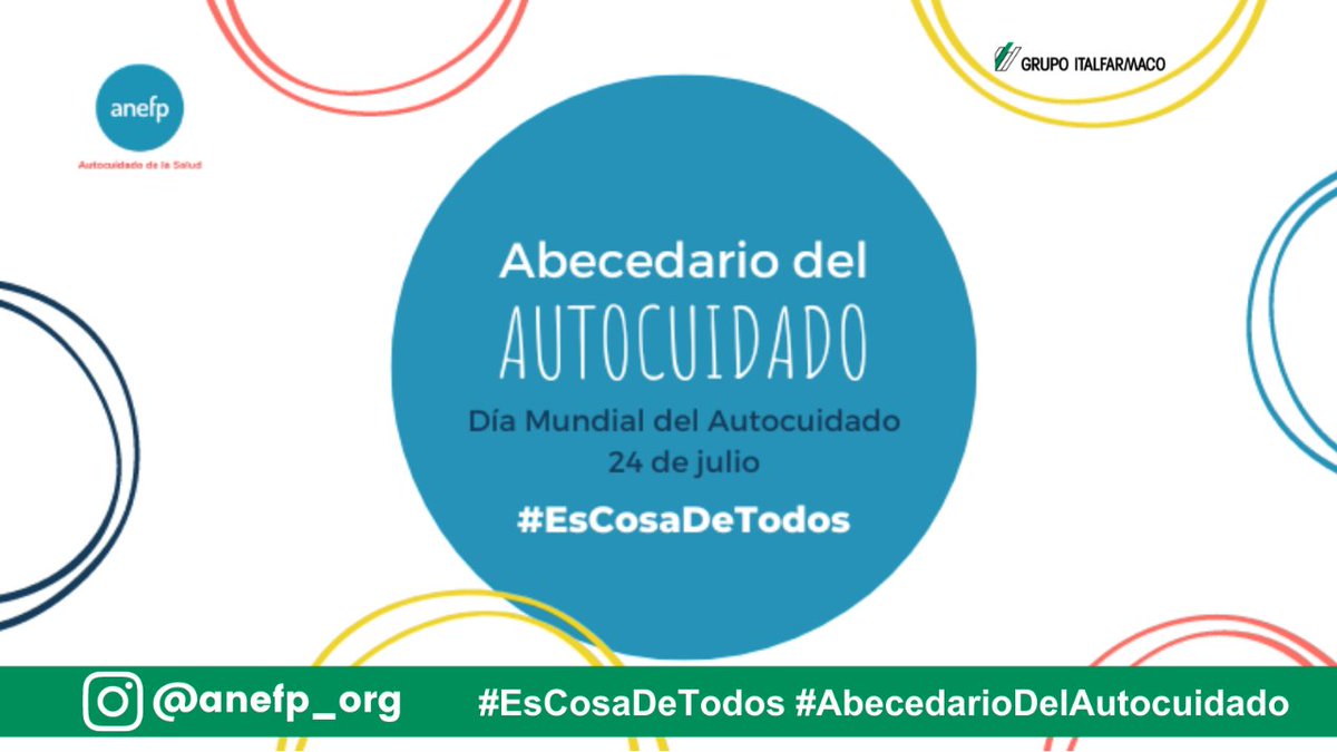 italfarmacoes's tweet photo. Con motivo del #DíaMundialdelAutocuidado @anefp_org ha impulsado la campaña #EsCosaDeTodos para concienciar de que el cuidado de la salud se debe llevar a cabo las 24 horas al día los 7 días de la semana
➡️ Visita su perfil de Instagram para descubrir el #AbecedariodelAutocuidado https://t.co/TxWD4RoqYk