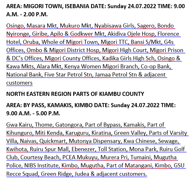 KenyaPower_Care's tweet photo. Good Morning.
The listed areas will be affected by planned power interruptions (24th July, 2022). The interruption is part of network maintenance. https://t.co/kXG38Ls3eG