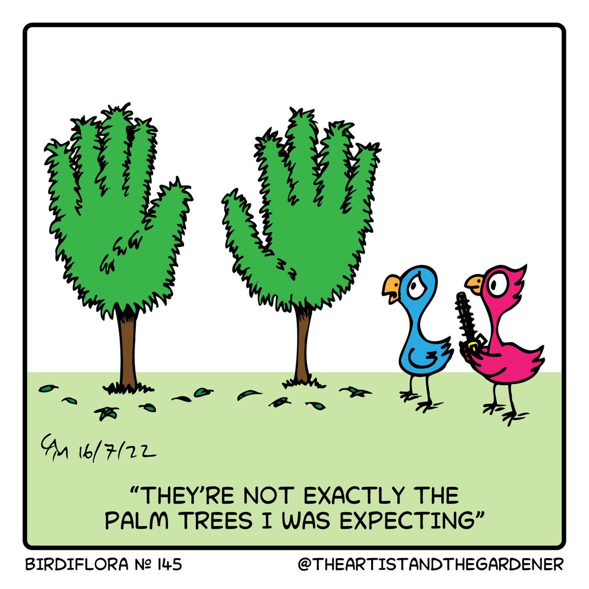 A slight miscommunication. #birdiflora #webcomic #gardening #pruning #palmtree #trees #birds #humor