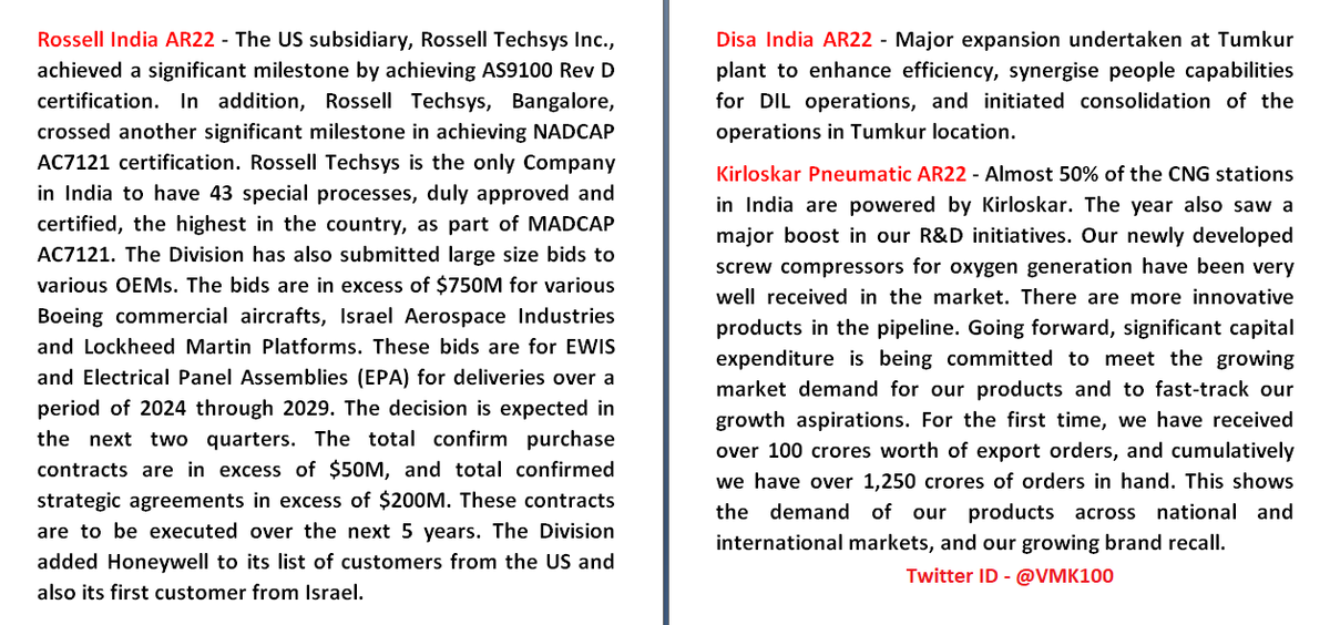VMK100's tweet photo. Important Points from Annual Reports 22

1⃣ Orient Bell
2⃣ Gujarat Ambuja Exports
3⃣ Rossell India
4⃣ Disa India
5⃣ Kirloskar Pneumatic
6⃣ GRP
7⃣ Jasch Ind
8⃣ Paushak
9⃣ Sudarshan Chem
🔟 Sahyadri Ind 
and Borosil Renewable

#AGM #AR22 #AnnualReports #Expansion #Capex #Smallcaps https://t.co/YBzrwsieei